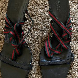 Gucco Logo-Colored Fabric Heel T-Strap Sandal